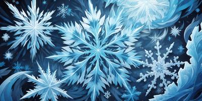 The primary subject of the image is a blue and white snowflake pattern. The setting is a blue background, which creates a visually appealing contrast with the snowflakes. The visual style is a combination of digital art and illustration, giving the image a unique and artistic appearance. The dominant colors are blue and white, creating a calm and serene atmosphere.